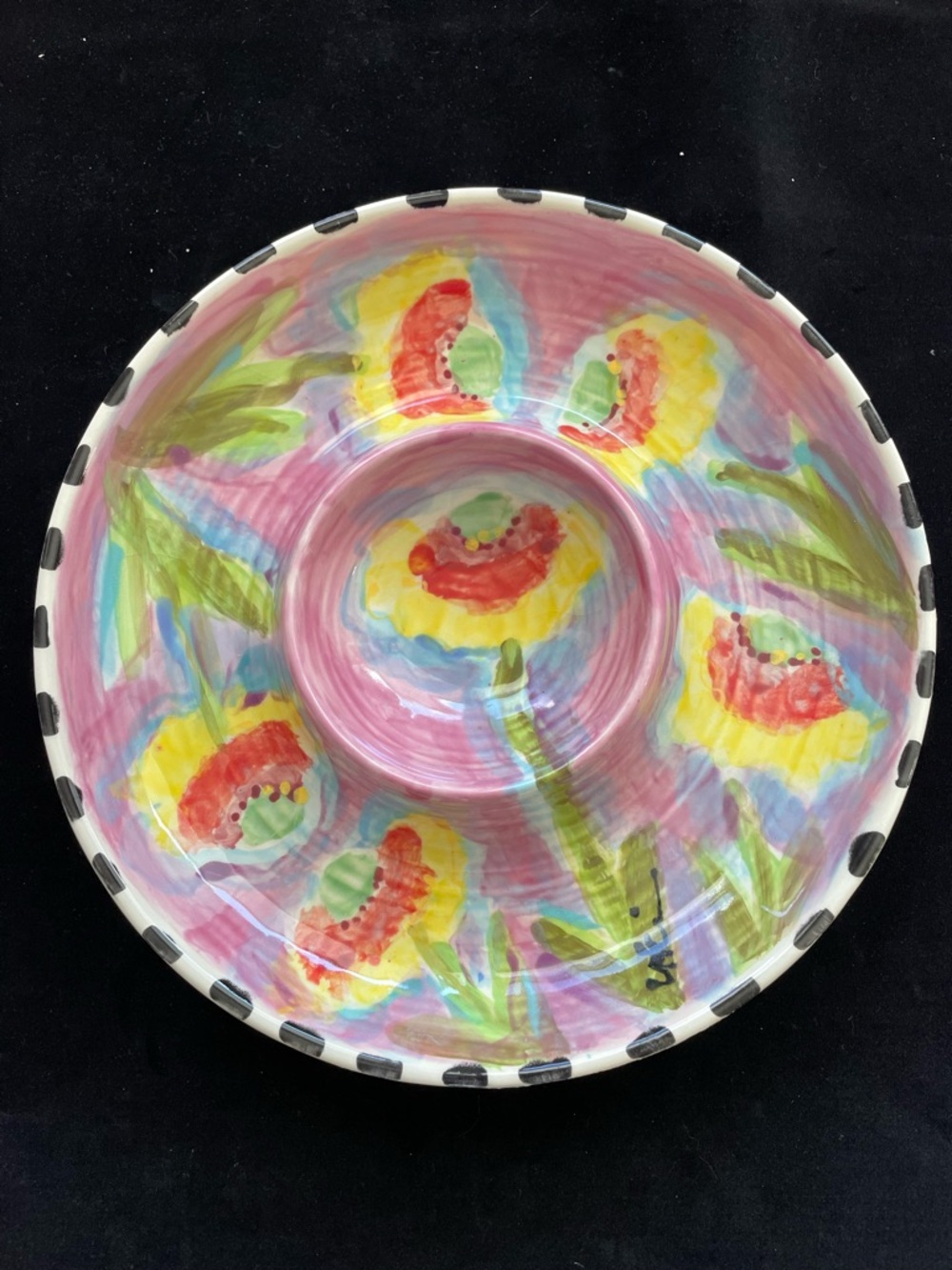 Hand painted Gerbera Daisies On Pink” Ceramic Chip And Dip 12” Original Design